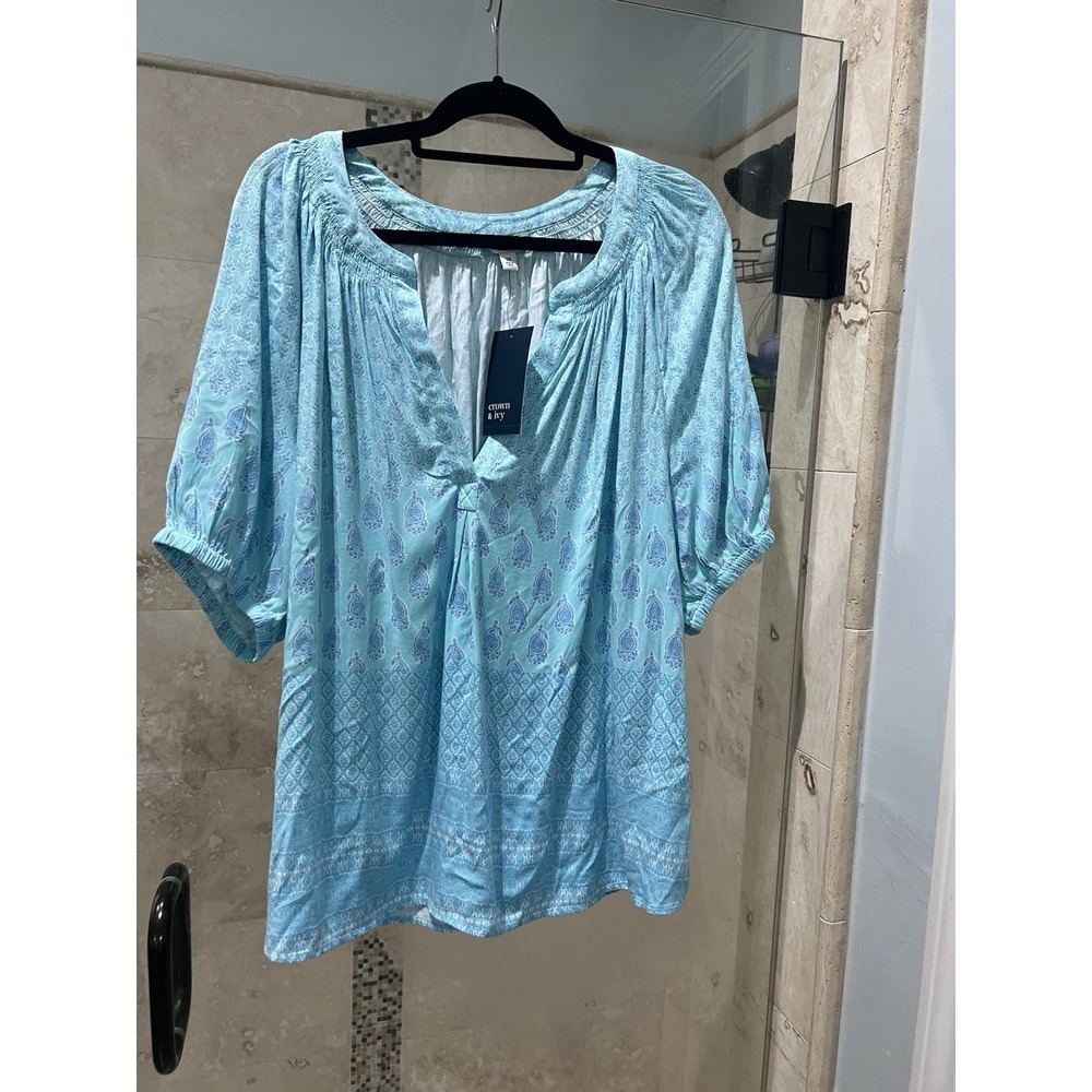 Crown & Ivy Curvy Womens 2X Blue Palms Citrus Breeze Beachy Tunic Blouse NWT